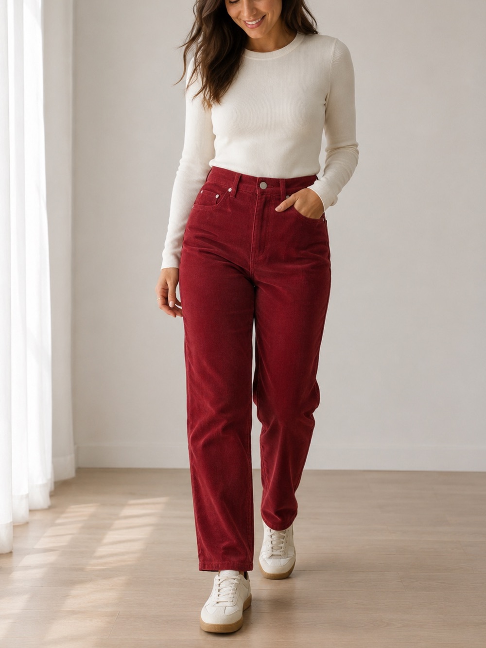 MAC STELLA Women Corduroy Jeans in Rich Red straight legs 40/32 Italy Cotton